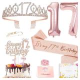 17th Birthday Decorations for Girls, 17th Birthday Sash and Crown, Cake Topper, Number Candles and Balloons, 17 Year Old Gifts for Girls