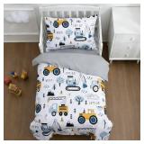 NTBED 4 Pieces Construction Toddler Bedding Set for Baby Boys,Tree Truck Vehicles Excavator Cars Printed, Includes Comforter, Flat Sheet, Fitted Sheet and Pillowcase,Light Grey