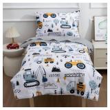 NTBED 4 Pieces Construction Toddler Bedding Set for Baby Boys,Tree Truck Vehicles Excavator Cars Printed, Includes Comforter, Flat Sheet, Fitted Sheet and Pillowcase,Light Grey