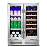 Velivi24 in.Dual Zone 18-Wine Bottles and 88-Can Built-In and Freestanding with French Door Beverage Cooler in Stainless Steel - Retail: $862