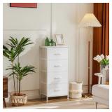 Sweetcrispy Dresser for Bedroom, Storage Drawers, Skinny Fabric Storage Tower with 4 Drawers, Tower Organizer Unit, Chest of Drawers with Wooden Top for Closet,Entryway,White