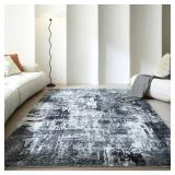 Rugcomf 6x9 Rug Washable Bedroom Rug Large Soft Area Rug Abstract Pattern Non-Slip Faux Wool Vintage Rug for Living Room, Farmhouse, Dining Room, Kids Playroom, Grey and Black