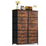10-Drawer Dresser for Bedroom, Anti-Tip Tall Storage Organizer Chest of Drawers with Wooden Top and Metal Frame Fabric Bins for Closet, Living Room, Hallway, Entryway, Brown