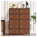 10-Drawer Dresser for Bedroom, Anti-Tip Tall Storage Organizer Chest of Drawers with Wooden Top and Metal Frame Fabric Bins for Closet, Living Room, Hallway, Entryway, Brown