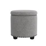 Homepop Home Decor | Upholstered Round Storage Ottoman with Nailheads| Ottoman with Storage for Living Room & Bedroom, Grey Woven