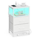 SONGMICS BELLAH Collection - Nightstand with Charging Station and App-Controlled Adjustable LED Lights, Bed Side Table, 2 Drawer and 1 Open Shelf, Bedroom, Cloud White and Snow White ULGS302WH01S