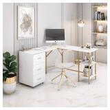 Techni Mobili L Shaped Desk - Two-Toned Computer Desk with Drawers & Storage Shelves - Simple Modern Furniture & Home Office Space Corner Table for Work & Writing