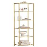VASAGLE Bookcase, 6-Tier Bookshelf, Slim Shelving Unit for Bedroom, Bathroom, Home Office, Tempered Glass, Steel Frame, Metallic Gold ULGT500A01