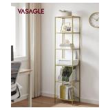 VASAGLE Bookcase, 6-Tier Bookshelf, Slim Shelving Unit for Bedroom, Bathroom, Home Office, Tempered Glass, Steel Frame, Metallic Gold ULGT500A01