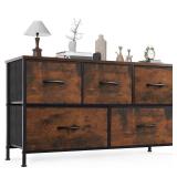 OLIXIS 5 Drawer Dresser Nightstand Classic Rust Brown, Wooden Top Metal Frame Fabric Storage Organizer for Bedroom Living Room Entryway, Wide TV Stand Closet Chest Furniture