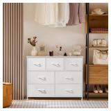 OLIXIS Dresser for Bedroom, 7 Storage Drawers, Wide Fabric Closet Chests Organizer Tower Furniture, TV Stand with Wooden Top Metal Frame for Clothes, Living Room, Hallway, Entryway, Classic White
