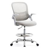 Smug Drafting Chair with Flip-up Arms, Height Adjustable Standing Tall Office Desk Chair with Foot Ring, Ergonomic Swivel Computer Chairs with Rolling Wheels, Grey