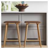 Nathan James Barker Classic Counter Height Wood Barstool with Leather Removable Cushion, Backless Island 24\" Bar Stool for Kitchen, Chestnut Brown, Set of 2