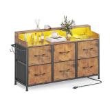 Leadpro Dresser for Bedroom with 6 Drawers, LED TV Stand Dresser with Charging Station, Chest of Fabric Drawers with Side Hooks, Dresser Storage Organizer for Closet Living Room Hallway (Rustic Brown)