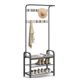VASAGLE Coat Rack, Hall Tree with Shoe Bench for Entryway, Entryway Bench with Coat Rack, 4-in-1, with 9 Removable Hooks, a Hanging Rod, 13.3 x 28.3 x 72.1 Inches, Greige and Black UHSR40MB