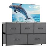 NEWBULIG Dresser for Bedroom, Grey Dresser and TV Stand with 5 Storage Drawers, Dressers & Chests of Drawers with Fabric Bins, Sturdy Metal Frame, Wood Tabletop for Closet, Clothes Organizer