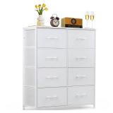 8-Drawer Dresser for Bedroom, Anti-Tip Tall Storage Organizer Chest of Drawers with Wooden Top and Metal Frame Fabric Bins for Closet, Living Room, Hallway, Entryway, White -