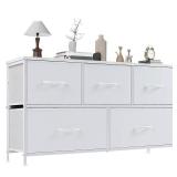 OLIXIS 5 Drawer Dresser Nightstand Classic White, Wooden Top Metal Frame Fabric Storage Organizer for Bedroom Living Room Entryway, Wide TV Stand Closet Chest Furniture