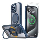 HCXLYP Magnetic Stand Case for iPhone 14 Pro [with 2 Tempered Glass Film] [360° Rotation Magnetic Stand] [Compatible with Magsafe] Military-Grade Drop Protection Case, Blue