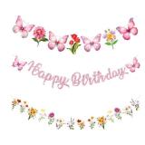 3 Sets of 3 Pcs Wildflowers Happy Birthday Banners, Pink Wildflower Butterfly Party Decorations, Garland Flower Butterfly Theme Banners for Women Girl Birthday Baby Shower Party Decor Photo Booth Prop