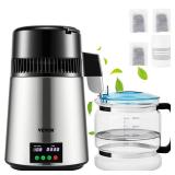 VEVOR 1.1 Gal Water Distiller, 0.3 Gal/H, Distilled Water Maker Machine 750W 0-99H Timing Set Temp Display, 304 Stainless Steel Countertop Distiller Glass Carafe Cleaning Powder 3 Carbon Packs, Silver