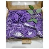 Purple Artificial Flowers 30PCS Fake Roses with Stem Real Touch Soft Foam Roses for Valentines Day Gifts DIY Wedding Bouquet Table Centerpieces Party Bridal Shower  - Retail: $16