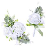 White Wrist Corsage and Boutonniere Set for Bride Groom Bridesmaids Groomsmen Wedding Homecoming Flowers Prom Suit Accessories, Rose Boutonniere and Corsage Wristlet Flower - Retail: $17