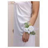 White Wrist Corsage and Boutonniere Set for Bride Groom Bridesmaids Groomsmen Wedding Homecoming Flowers Prom Suit Accessories, Rose Boutonniere and Corsage Wristlet Flower - Retail: $17
