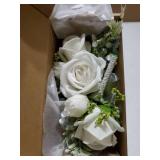 White Wrist Corsage and Boutonniere Set for Bride Groom Bridesmaids Groomsmen Wedding Homecoming Flowers Prom Suit Accessories, Rose Boutonniere and Corsage Wristlet Flower - Retail: $17