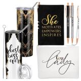 6 Pcs Best Boss Birthday Gift Set Thank You for Women Boss Day Appreciation Day Gift 20oz Rustic Marble Sign Tumbler Makeup Bag A6 Notepad with Ballpoints Leader Manager Supervisor(Black) - Retail: $2