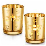 Set of 2 Shabbat Candles Holders Gold Jewish Judaica Gift Set Electroplated Glass Modern Shabbat Candlestick Holders for Tea Lights Hanukkah Gifts - Retail: $14