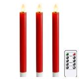 Red Flameless Taper Candles with Remote, Real Wax Taper Candles Battery Operated, LED Flameless Candlesticks with 3D Wick for Home Halloween Christmas Holiday Decor(Set of 3, 0.78 x 9.6) - Retail: $13