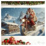 Santa Motorcycle Christmas Banner 71x43 Inch, Santa Riding Motorcycle with Presents in Snow, Outdoor Holiday Yard Decoration, Large Christmas Backdrop for Parties - Retail: $10