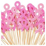 100 Pcs Breast Cancer Awareness Cupcake Toppers Double Sided Glitter Rose Red Pink Ribbon Breast Cancer Decorations for Party Hope Ribbon Cupcake Picks Party Cake Supplies - Retail: $15