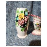 Italian Ceramic Floral Vase with Applied Roses - One Has Broken Oiece - See Pics