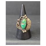 Native American Handcrafted Sterling Silver Turquoise Leaf Design Ring, Stamped RBK, Size 7, 6.14gm