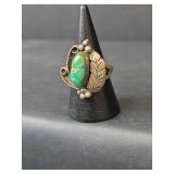 Native American Handcrafted Sterling Silver Turquoise Leaf Design Ring, Stamped RBK, Size 7, 6.14gm