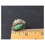 Native American Handcrafted Sterling Silver Turquoise Leaf Design Ring, Stamped RBK, Size 7, 6.14gm