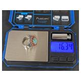 Turquoise and Coral Sterling Silver Ring, Stamped 925, Size 8.25, 16.34gm