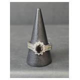 10K White Gold Black and White Sapphire Halo Ring, Stamped 10KT,  Size 9, 5.35gm