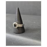 10K White Gold Black and White Sapphire Halo Ring, Stamped 10KT,  Size 9, 5.35gm