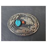 Handcrafted Native American Turquoise & Coral Belt Buckle USA