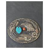 Handcrafted Native American Turquoise & Coral Belt Buckle USA
