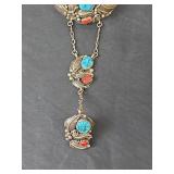 Native American Sterling Silver Turquoise & Coral Slave Bracelet 46.84gm