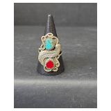 Native American Sterling Silver Turquoise and Coral Ring 5.76gm
