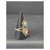 Native American Sterling Silver Turquoise and Coral Ring 5.76gm