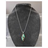 Alpaca Sterling Silver Turquoise and Shell Inlay Pendant Necklace 7.14gm