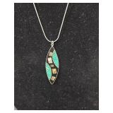 Alpaca Sterling Silver Turquoise and Shell Inlay Pendant Necklace 7.14gm
