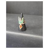 Native American Thunderbird Ring with Turquoise and Coral, Size 5.5, 5.80gm