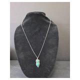 Native American Sterling Silver Turquoise Double Stone Pendant on Silver Toned Necklace